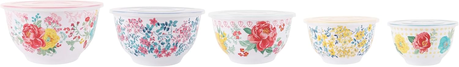10-piece beautifully patterned melamine mixing bowl set, lightweight and BPA-free, suitable for cooking, baking and storage.