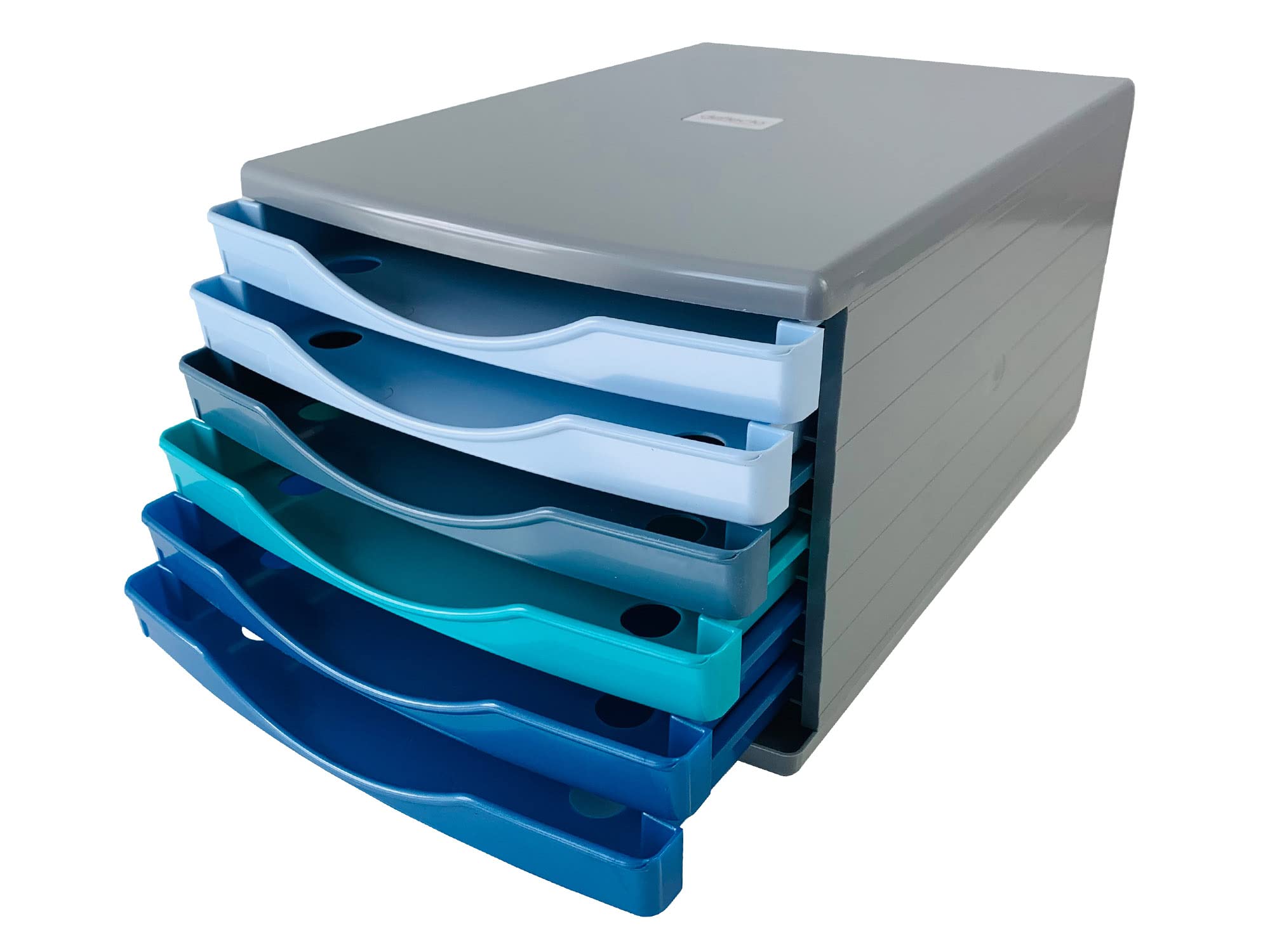 Deflecto Cool Breeze Desk Drawer Set featuring 6 x 30mm Drawers in Deep Blue and Aqua Tones - A4 Desktop Organiser