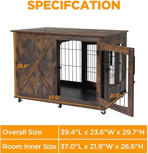 Miniatura 6 de Muebles de jaula para perros con bandeja, mesa de madera para perros con 4 puertas, perrera con divisor, jaula para perros, mesa auxiliar auxiliar