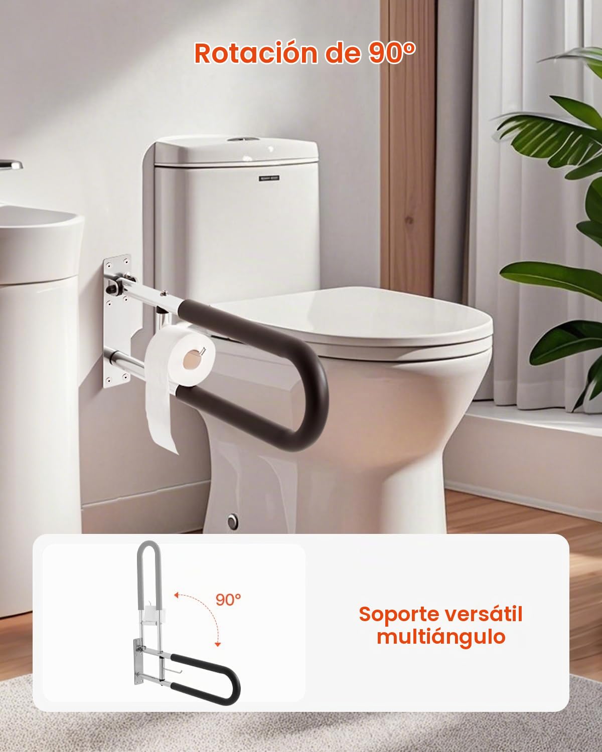 VEVOR Barra de Seguridad para Inodoro, en Forma U, Abatible, con Asa de Apoyo Antideslizante, Carga 136 kg para Personas Mayores, Discapacitadas y Embarazadas, 280 x 75 x 765 mm, Plata Brillante