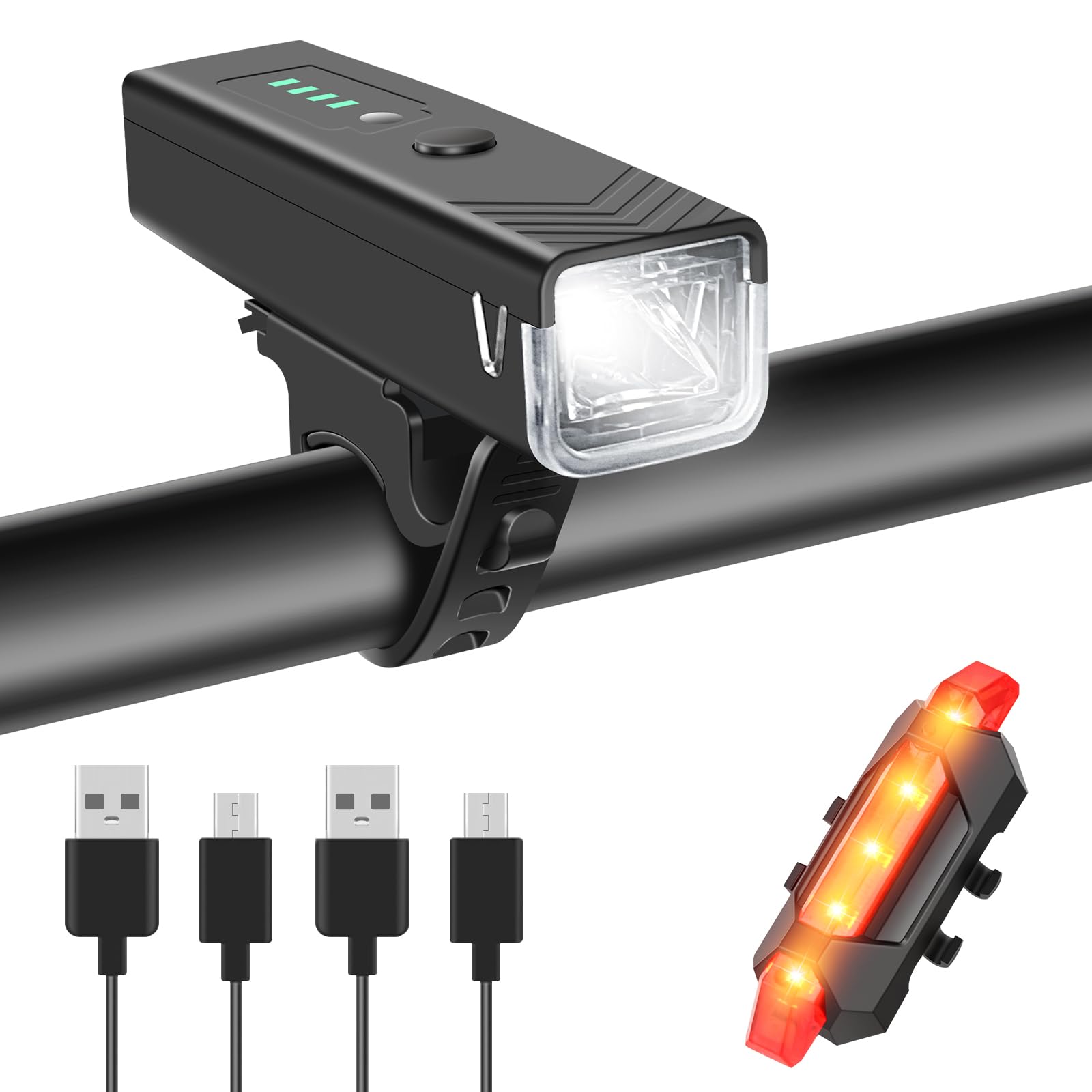 WGGE Ultra Bright USB Rechargeable Bike Light Set,Powerful Bicycle Front Headlight and Back Taillight,Easy to Install for Night Riding Fits All Bicycles,Mountain,Road or Camping