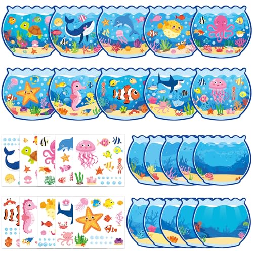 JUNEBRUSHS 30 Sets Summer Ocean Crafts Kits for Kids Under The Sea Animals Worlds Stickers Scene for Home Classroom Game Activities Summer Crafts Party Favors