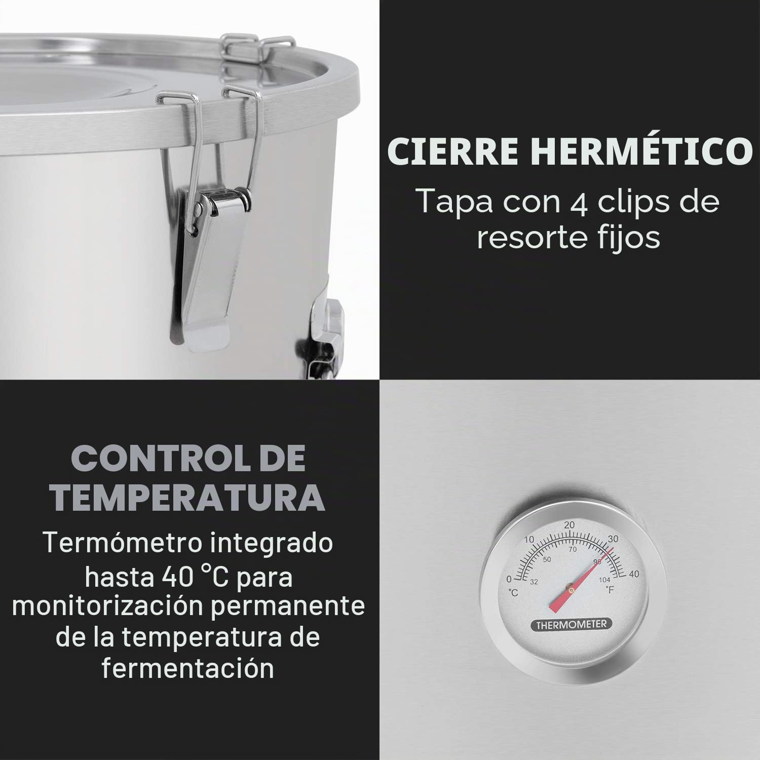 Klarstein Gaerkeller Pro - Tanque de maceración y caldera de fermentación, 30 litros, Acero inoxidable 304, Termómetro hasta 40 °C, Tapa con 4 ganchos, Espiral de refrigeración, Plateado
