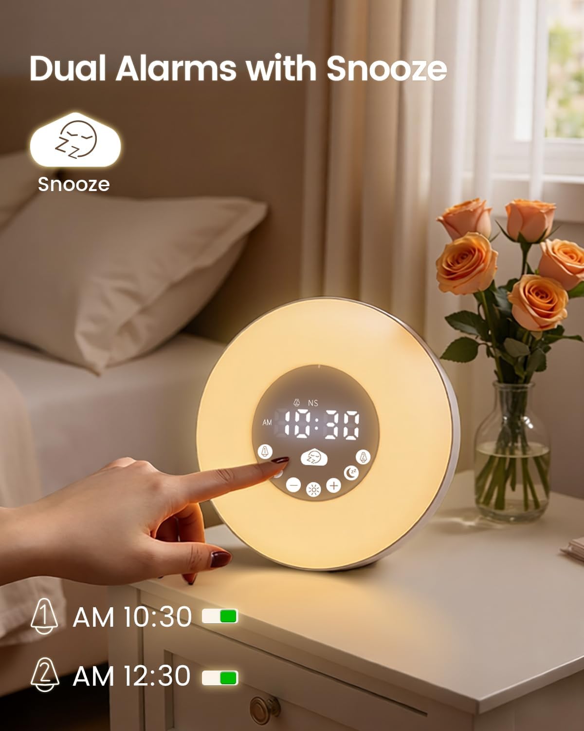 Sunrise alarm clock showing dual alarm settings and snooze function