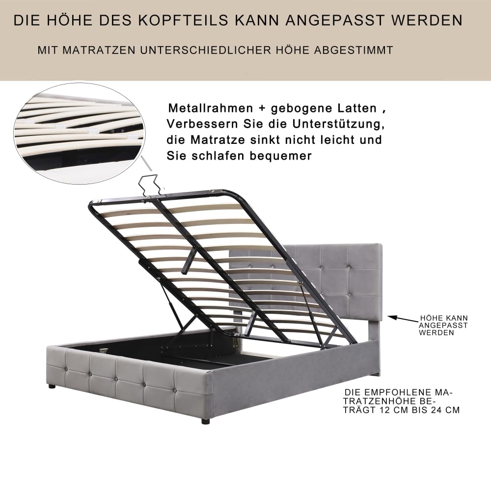 Cama hidráulica de material elevador con espacio de almacenamiento, somier de láminas de metal, funda de terciopelo, ahorra espacio para apartamentos pequeños