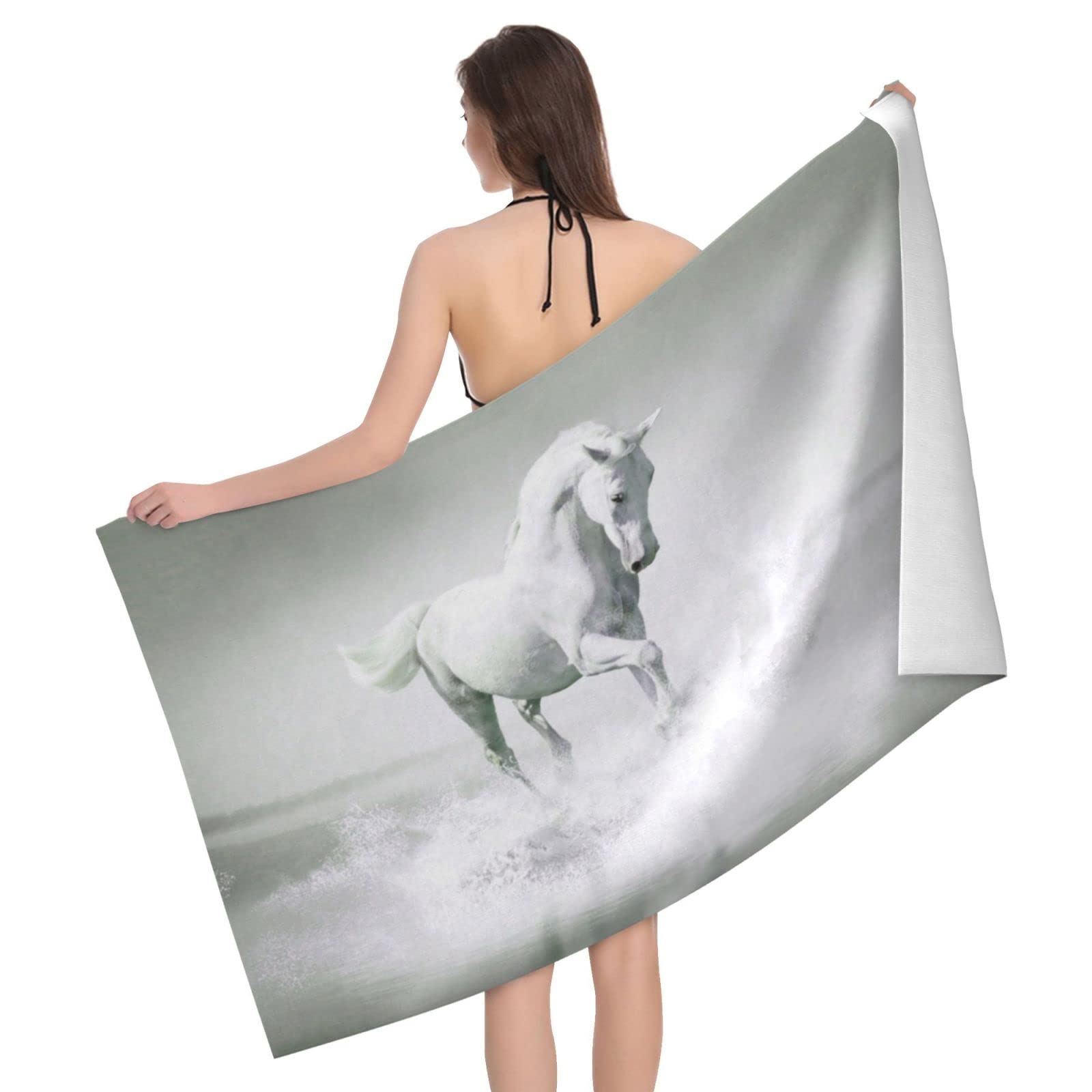 Lawenp White Running Horse Beach Towel, Lightweight Sand Free Quick Dry Microfiber Absorbent Bath Towel for Kids, Adults, Swimming, Bath, Yoga, Pool, Travel, Camping 32"X52"