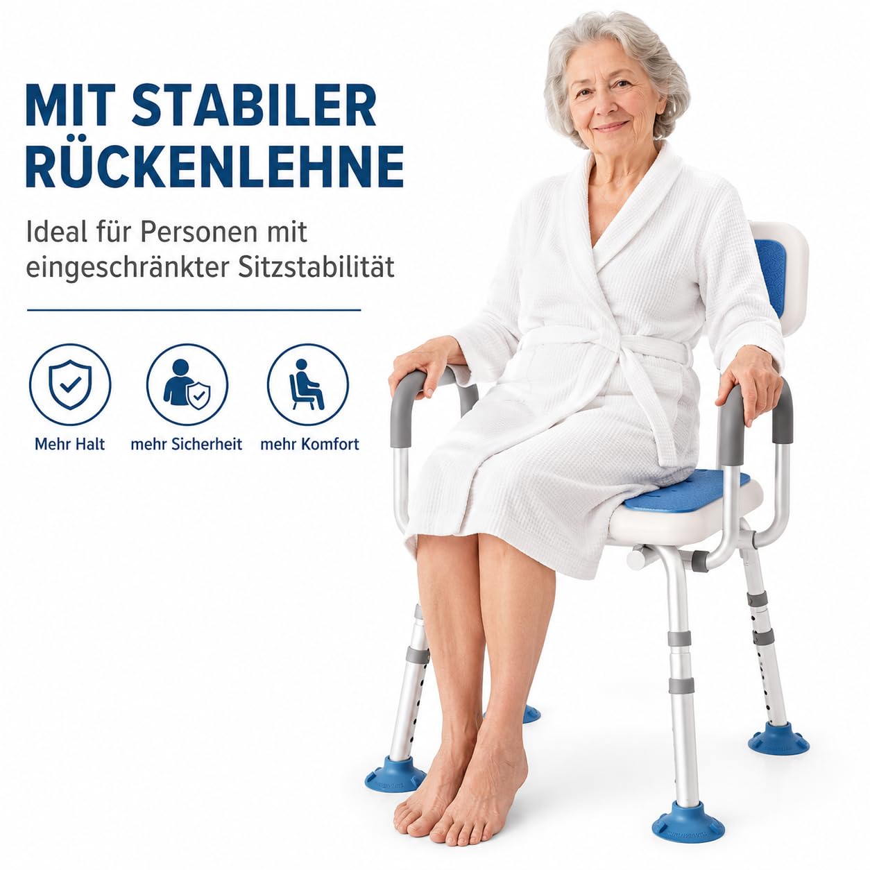 RMAN® Krzesło prysznicowe dla seniorów, obciążenie ok. 150 kg, siedzisko do wanny | Regulowana wysokość podpórki prysznicowej z antypoślizgowym oparciem, niebieski