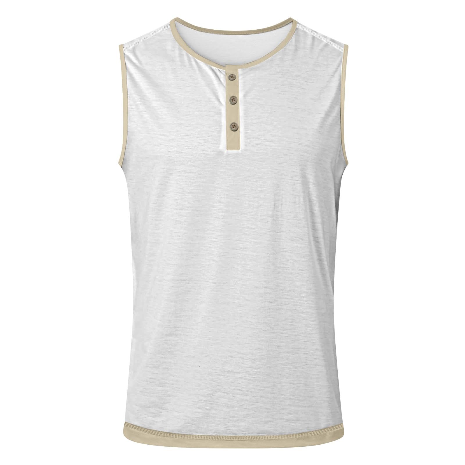 Henley - Canottiera da uomo, senza maniche, con bottoni, effetto lino, vintage, in tinta unita, traspirante, basic