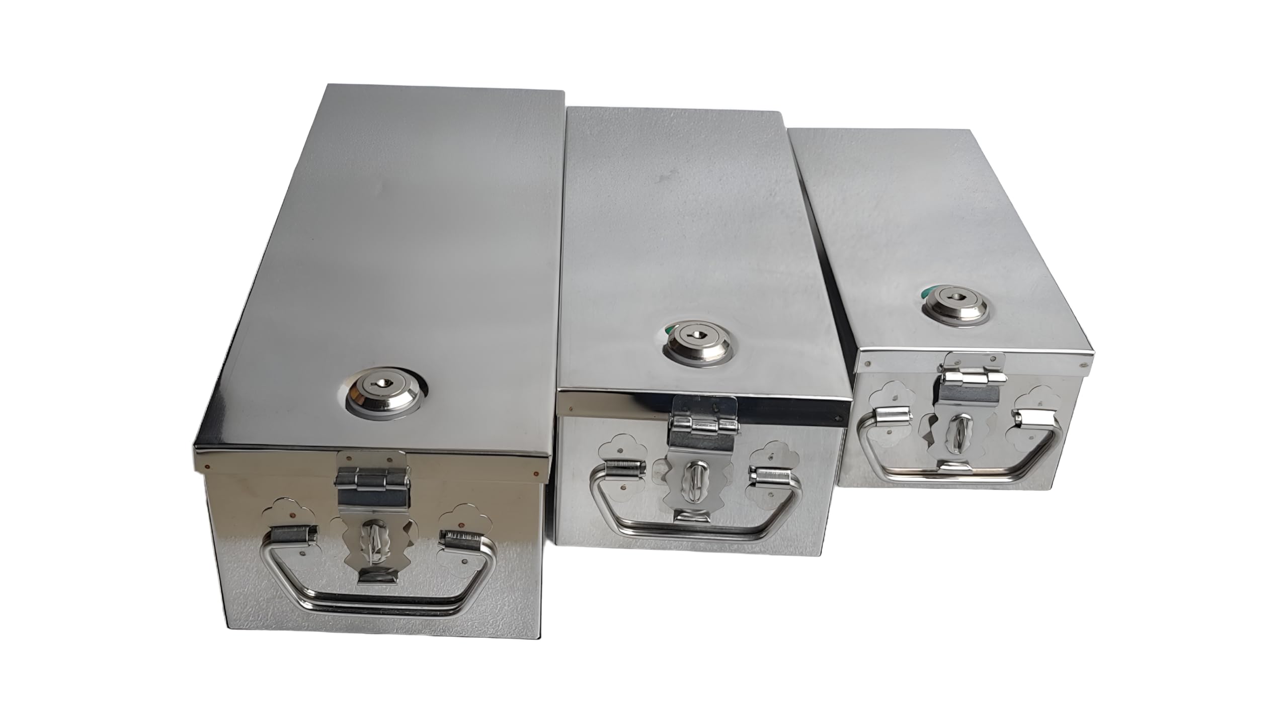 Stainless Steel Locker Boxes, Cash Peti Pooja Set, Jewellery Boxes (Multi_Pack of 3) Size -8 Inch, 10 Inch, 12 Inch With Pre fited Lock & 2 Key