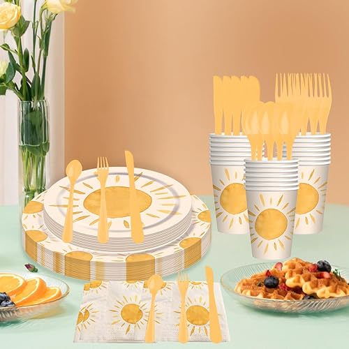 Miniatura 5 de ZUIFUGUI Primer viaje alrededor del sol, 175 piezas de decoración de baby shower de sol sirve 25  Incluye platos, servilletas, tenedores para