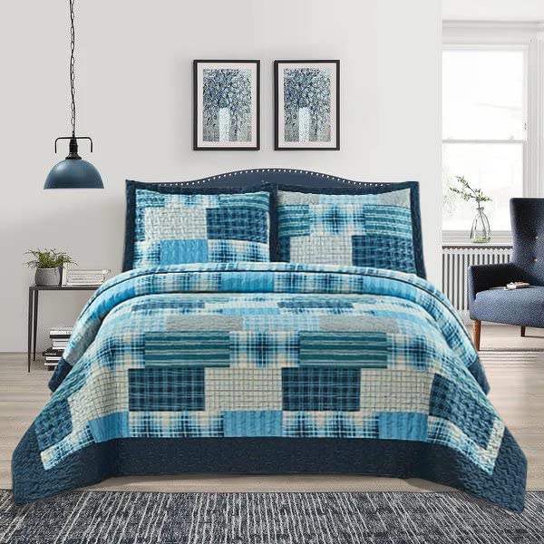 OZMIC Patchwork Quilt Bedspreads King Size Bedding - 3Piece Box Pattern Thick Cotton Filling Decorative Stitch Blanket Bed Throw With 2 Matching Pillow Cover Set - Check Denim Blue
