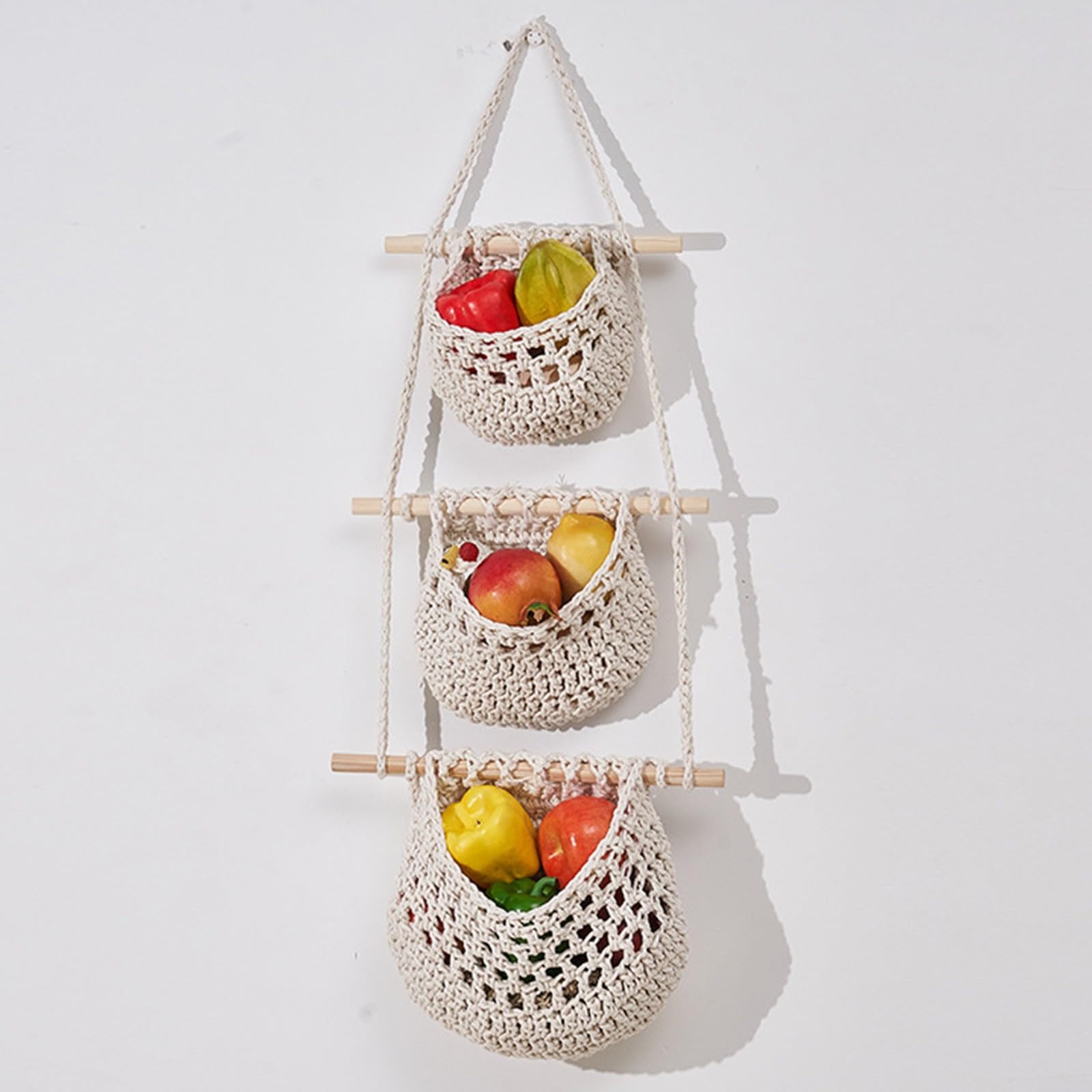3 Ceste Appese In Cotone Intrecciato A Mano Per Frutta E Verdura – Portafrutta A Muro Multifunzionale - 3