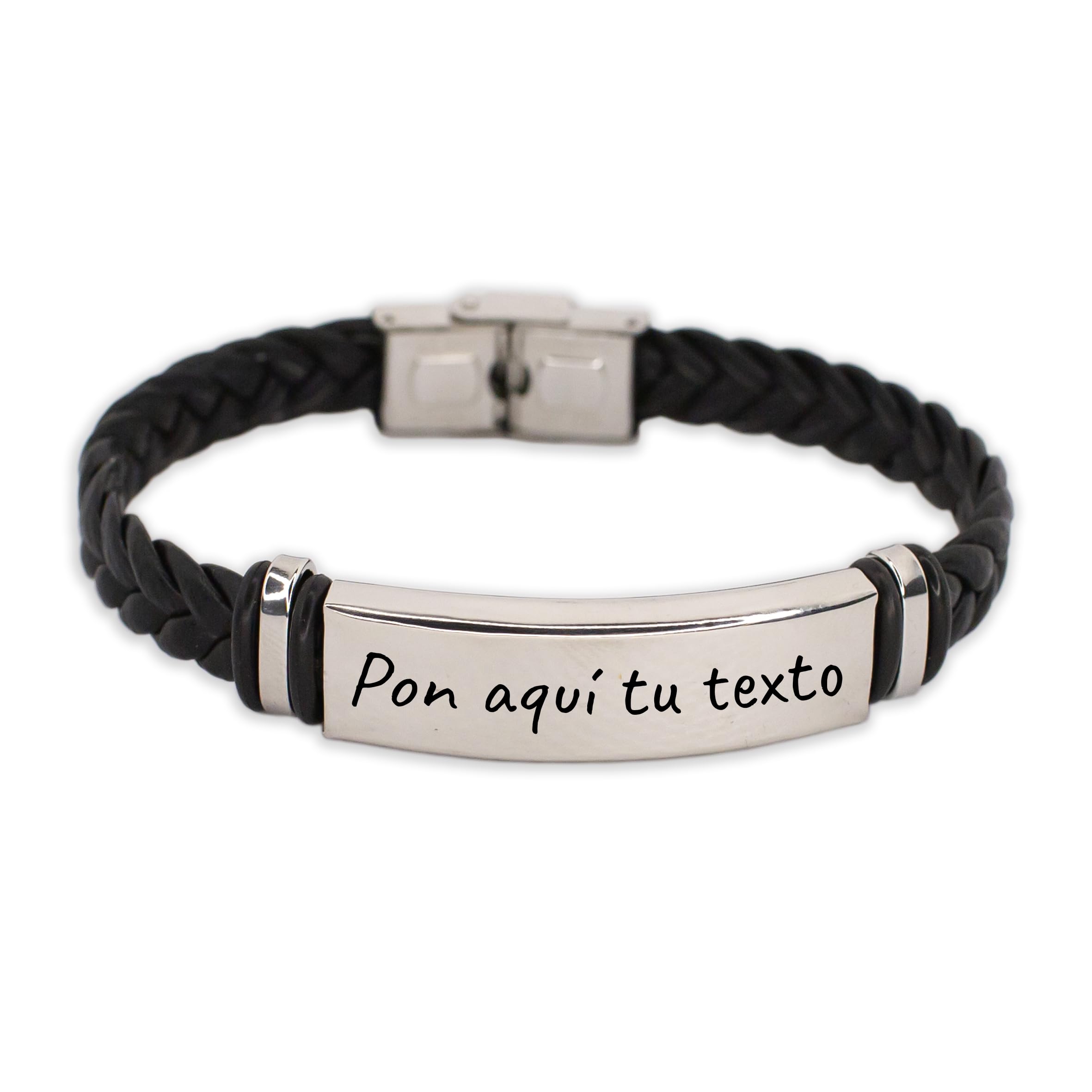 Genérico Pulsera personalizada de piel sintética trenzada negra con placa de acero inoxidable, brazalete grabado con texto personalizado, cierre de acero inoxidable