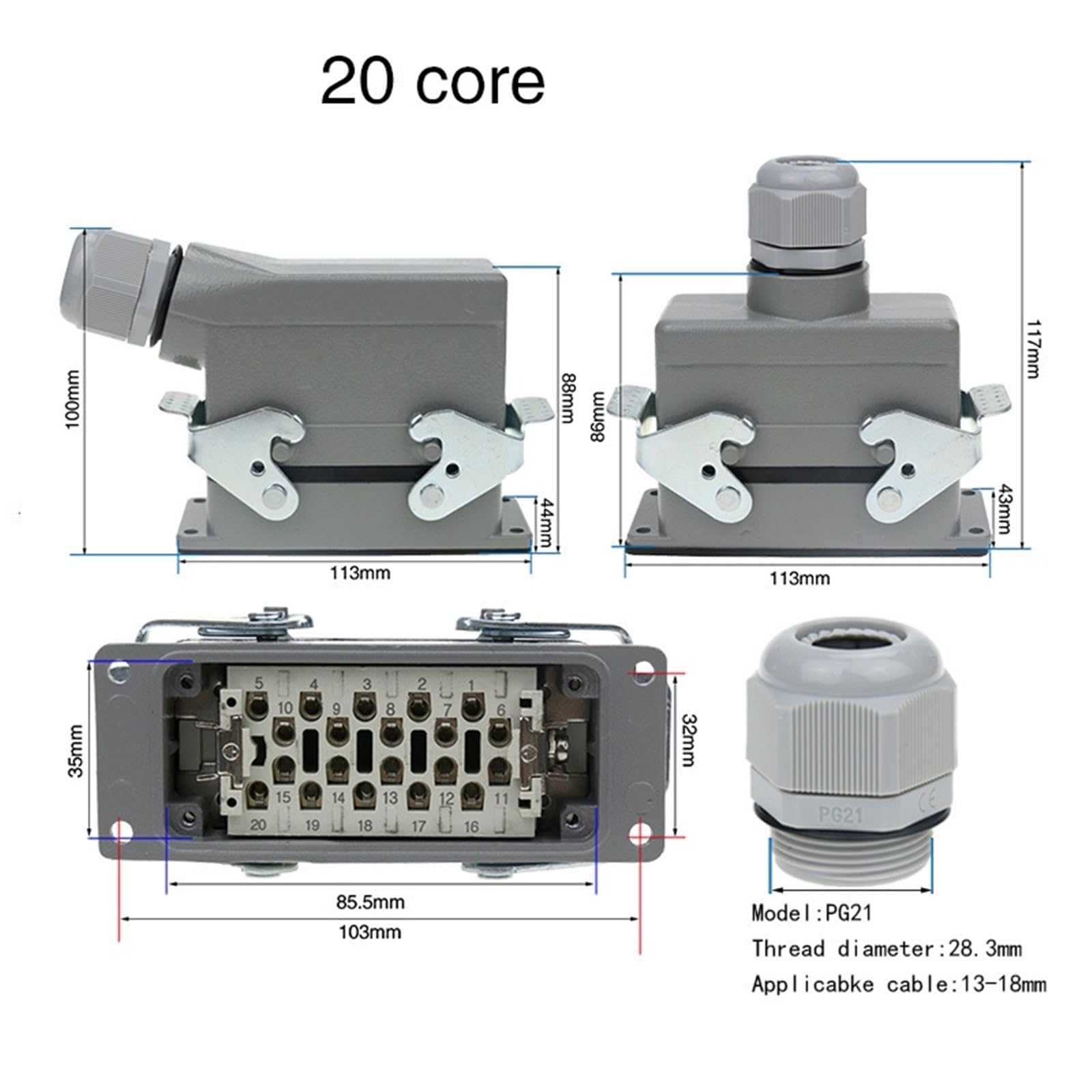 Connecteur rectangulaire robuste HDC-HE4 6 10 16 20 24 32 48 broches 16 A ligne latérale (ligne latérale à 32 noyaux)