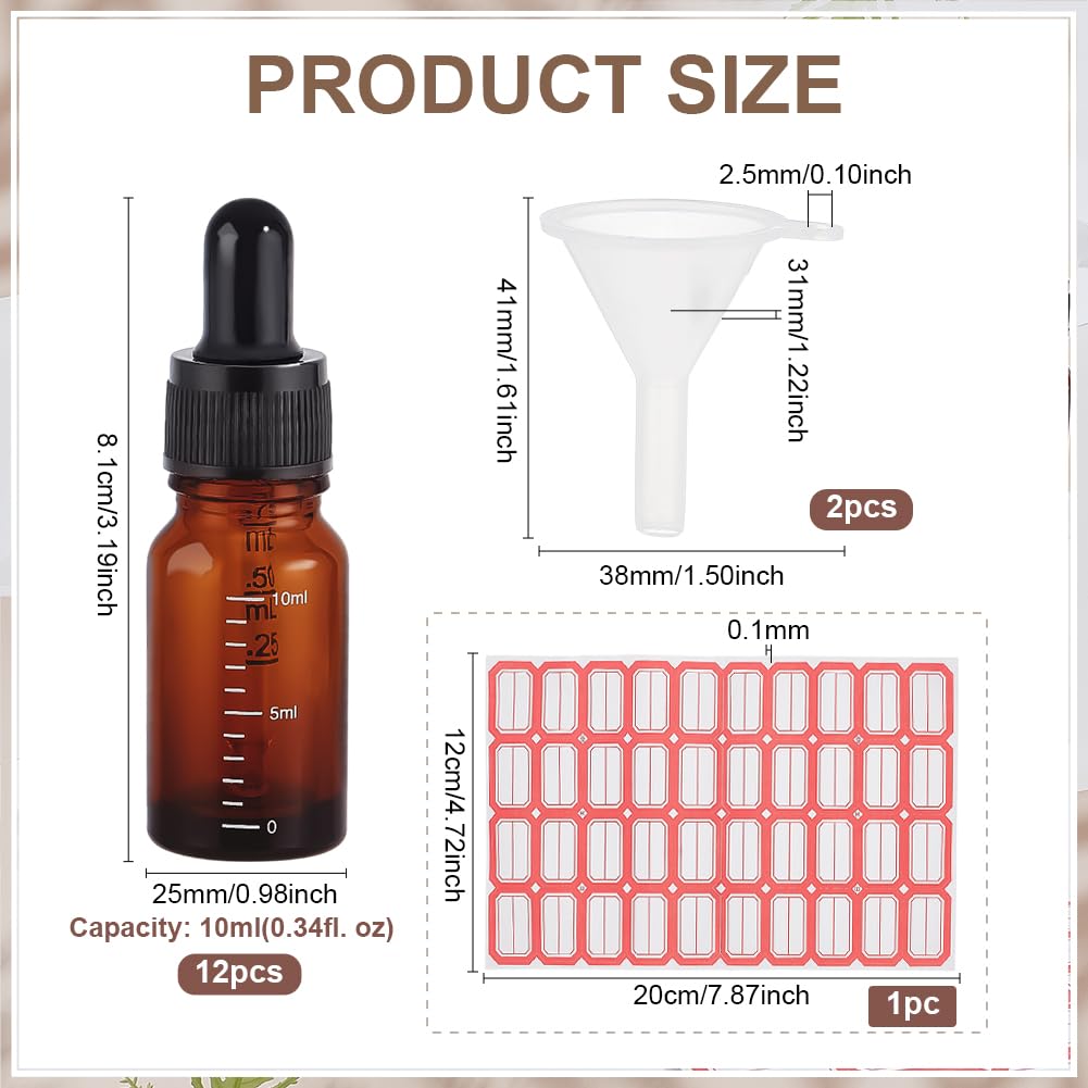 PH PandaHall 10ml Glass Dropper Bottle 12pcs Glass Bottles with Droppers Brown Dropper Bottles with Labels and Funnel Glass Tincture Bottles with Graduated for Essential Oils Perfumes Aromatherapy - Image 2