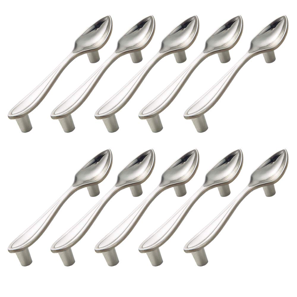 10 Pack Cabinet Door Pulls Hole Center 3",AUGUT Tableware Handles for Kitchen Cupboard Dresser Closet Drawer (Spoon Shaped, Silver)