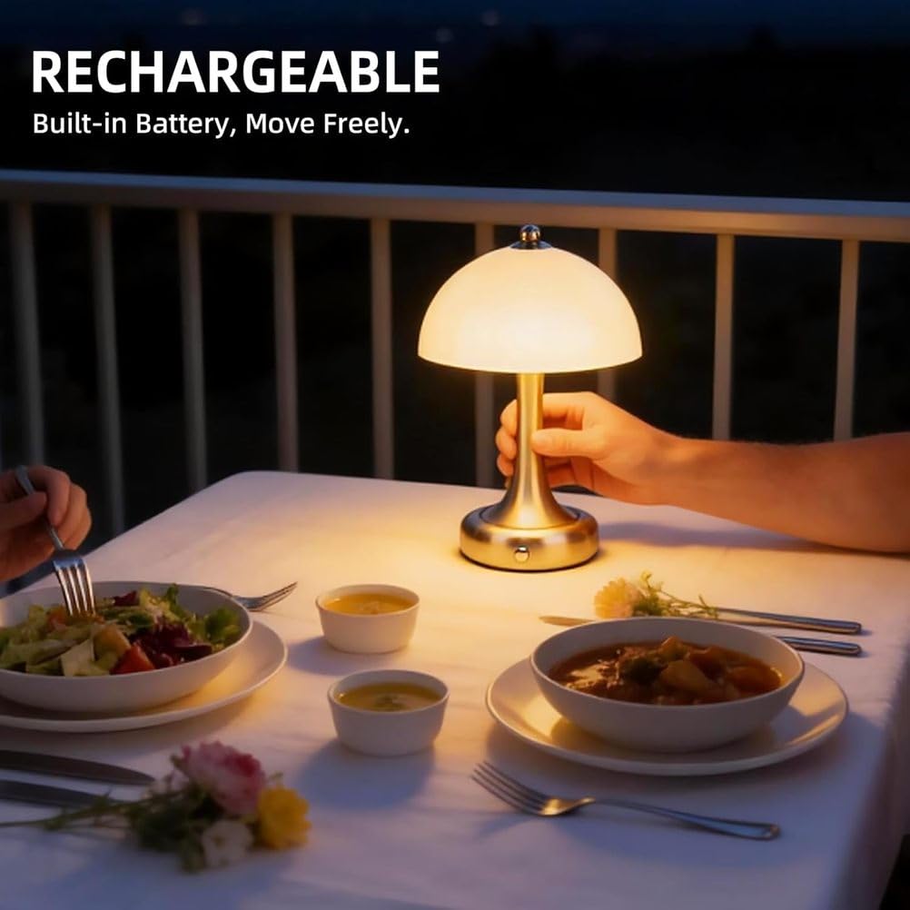 LED Pilz Tischleuchte Gold Akku Dimmbare Tischlampe Touch Kabellos Nachttischlampe Ohne Kabel USB Aufladbar Pilz Lampe Tragbare Tisch Lampe mit Batterie für Drinnen Schlafzimmer Restaurant 2 Stück