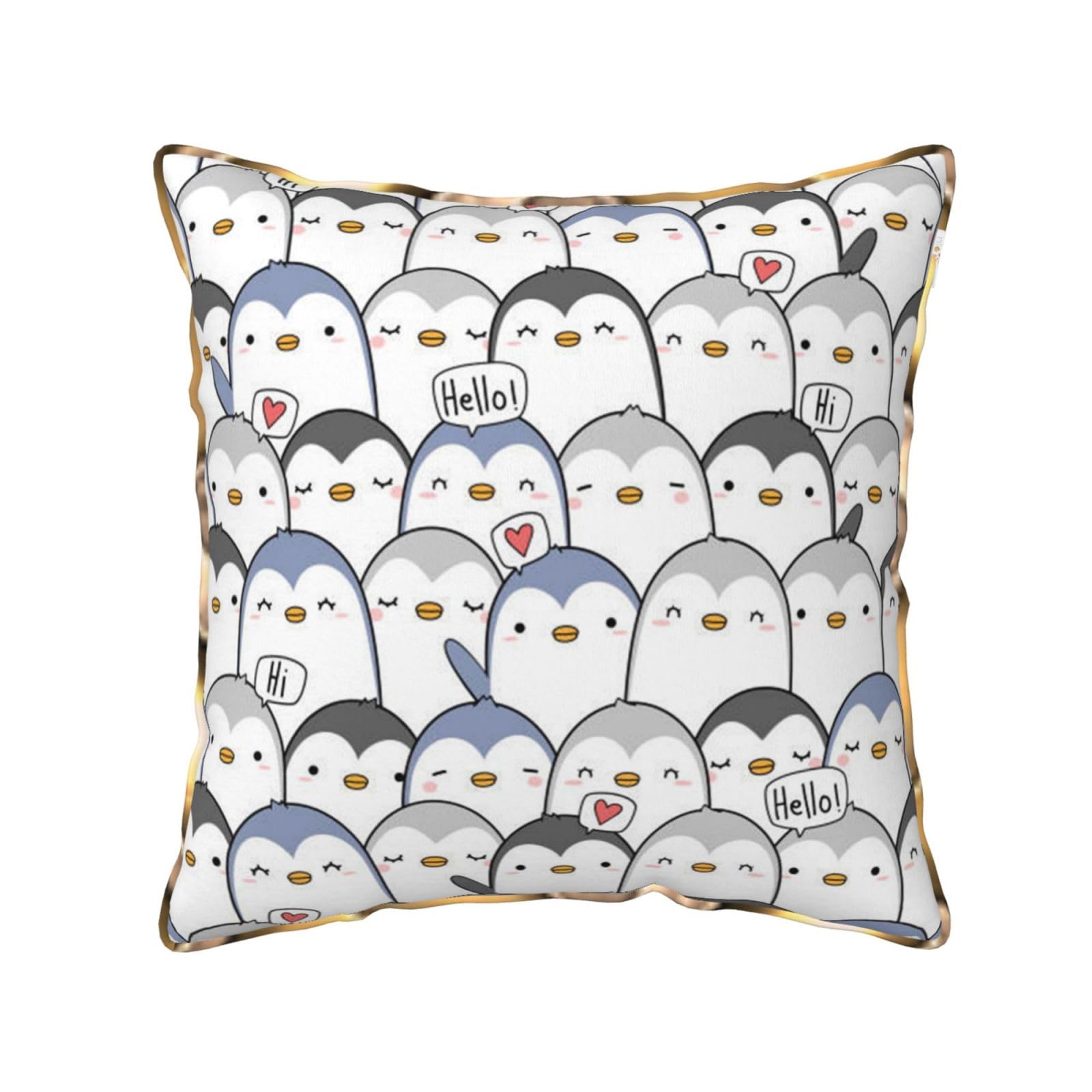 AUBKFELD Cute Penguin Printed Velvet Cushion Cover 45x45 CM with Gold Edging Strip, Square Pillowcase Soft Throw Pillow Covers Case Decorative for Living Room Sofa Couch Bed Bench