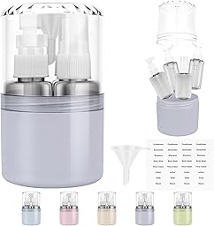 4-in-1 Reisespender zum Befüllen, 4 x 50 ml Reiseflaschen im Hartschalen-Etui, inkl. 3 Pumpspender + 1 Sprühflasche + 1 Trichter + Etiketten, auslaufsicher, ideal für Flugzeug-Handgepäck (Grau)