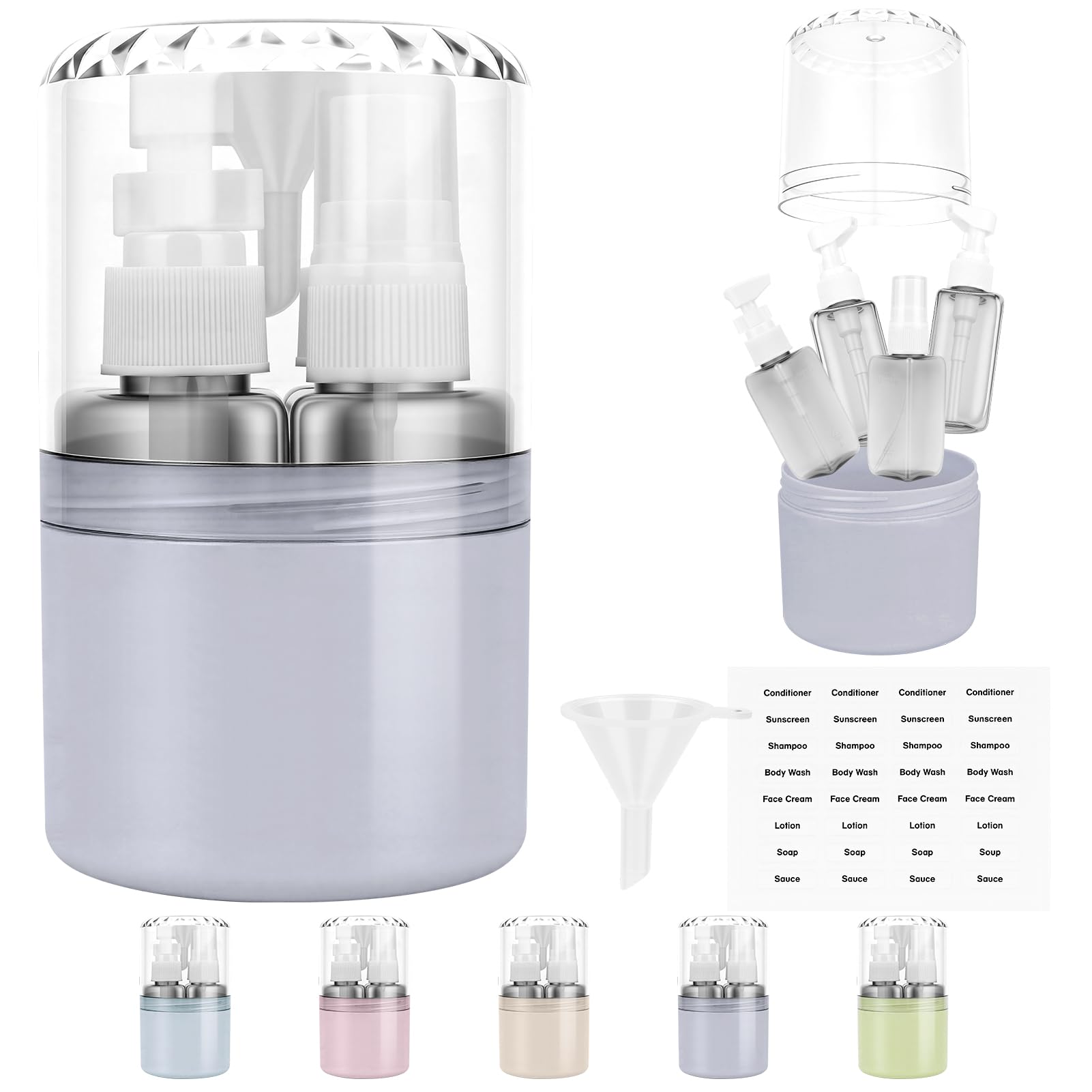 4-in-1 Reisespender zum Befüllen, 4 x 50 ml Reiseflaschen im Hartschalen-Etui, inkl. 3 Pumpspender + 1 Sprühflasche + 1 Trichter + Etiketten, auslaufsicher, ideal für Flugzeug-Handgepäck (Grau)