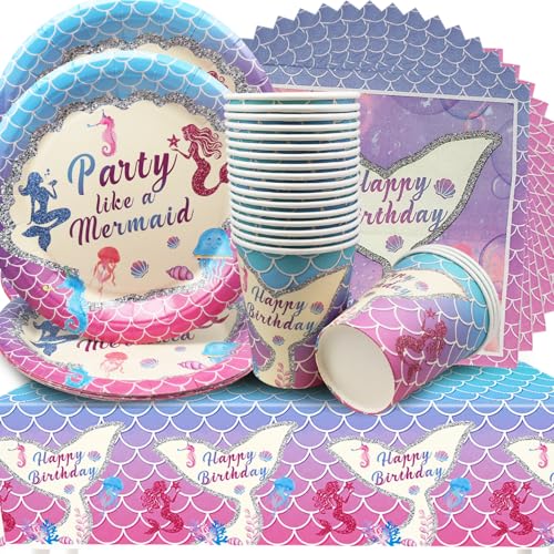 Ustensiles de fête sirène pour 20 invités : 61 pièces de vaisselle et nappe pour anniversaire