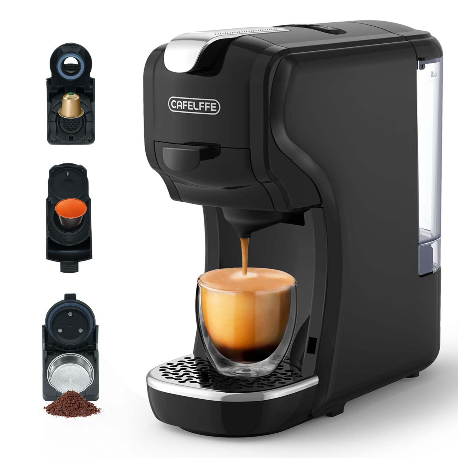 CAFELFFE Cafetera de cápsulas MK-611 3 en 1, 19 bares, para café frío/caliente, compatible con NES/DG/molido, altura ideal para tazas grandes (negra). Ideal para regalar.