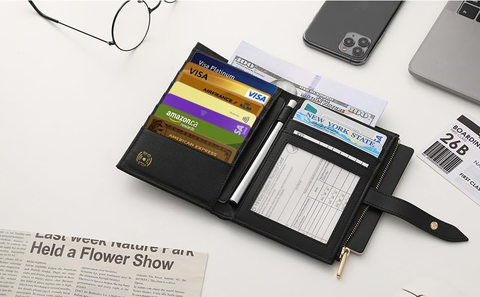 Miniatura 6 de Cartera de viaje de piel RFID para mujer, soporte delgado para pasaporte de viaje con soporte para tarjeta de crédito, organizador de pasaporte