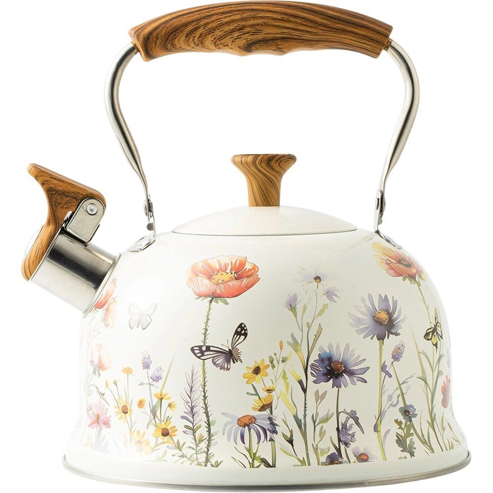 Bouilloire Sifflante 3l À Motif Floral avec Poignée Anti-brûlure, Style Vintage, Compatible avec Les Plaques De Cuisson À Gaz À Induction.