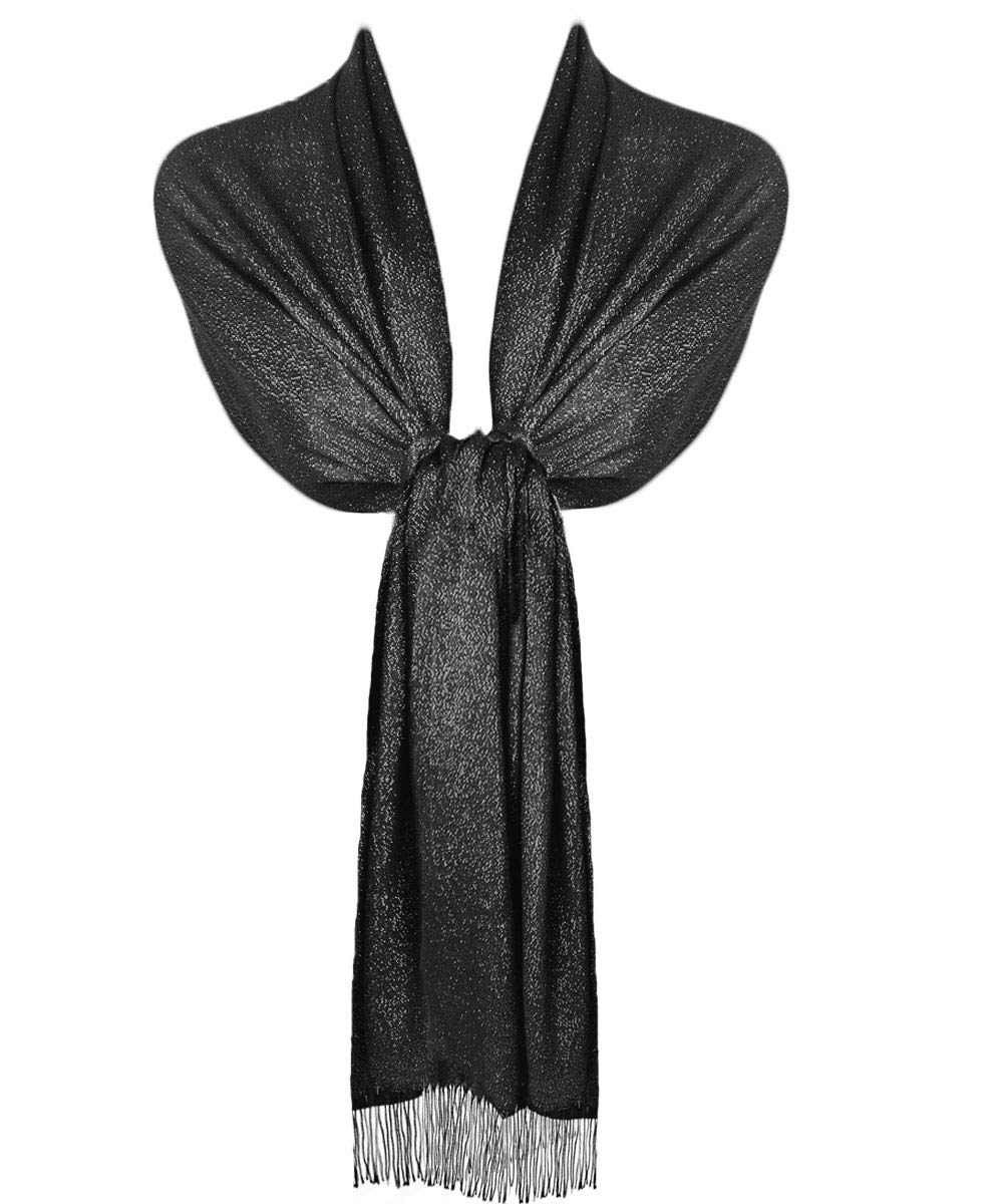 Toskatok Women's Midnight Black Stylish Glitter Sparkle Evening Shawl Pashmina Wrap Stole With Tassel Finishing