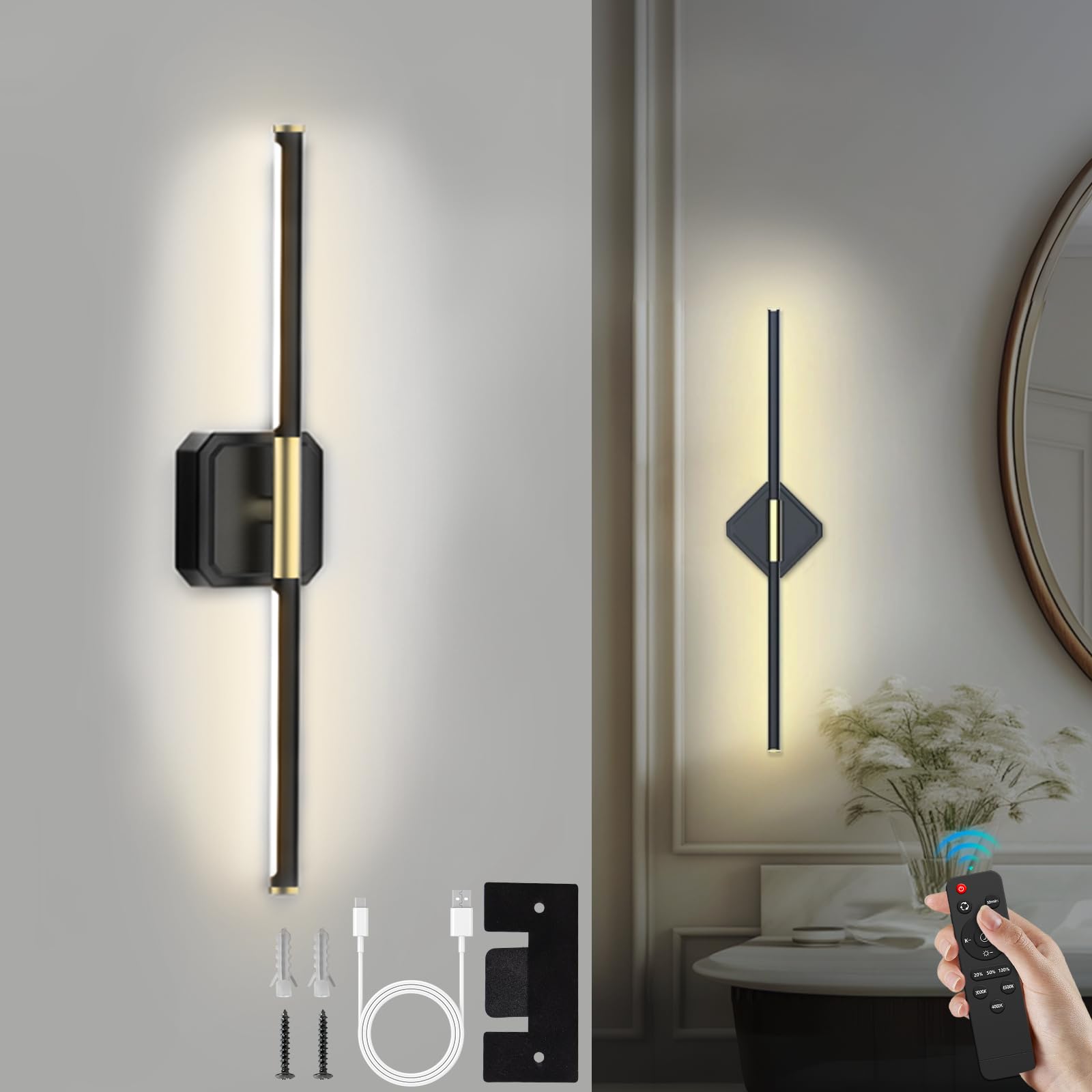 Rechargeable Wall Sconce Lights, Wireless USB Battery Operated Wall Lights 3 Color Temperature, 360°Rotation, Dimmable Wireless with Remote Control 70CM for Living Room, Bedroom Hallway(1 Pack Black)