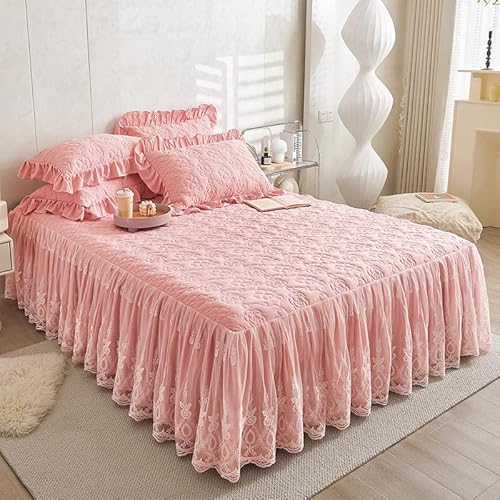 Zhiyuan Gesteppte Tagesdecke aus Brokat-Baumwolle, Blumenmuster, mit Spitze, gerüscht, Califonia King Size, Rosa