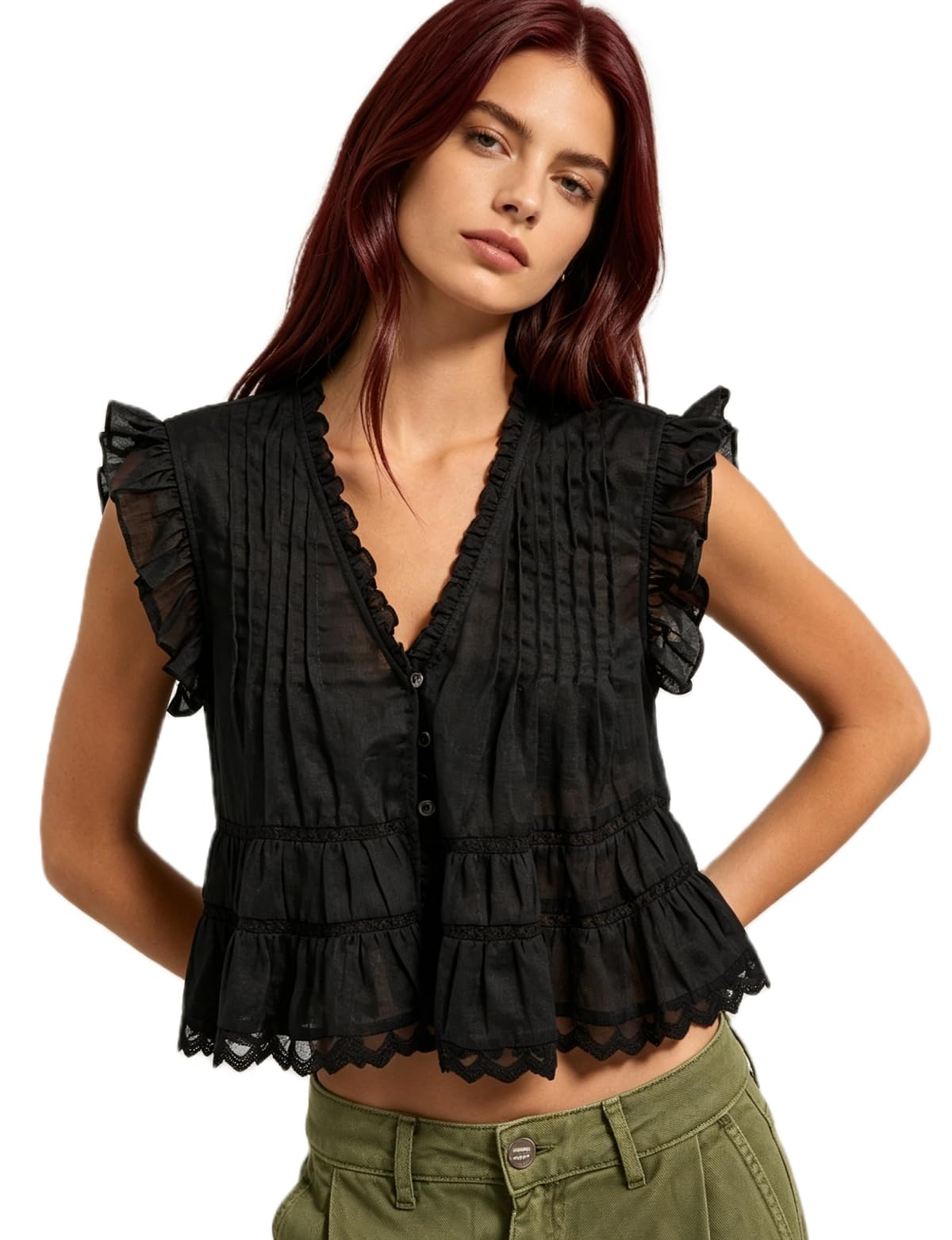 Photo 1 of Passec Women's Ruffle V-Neck Babydoll Tank Top