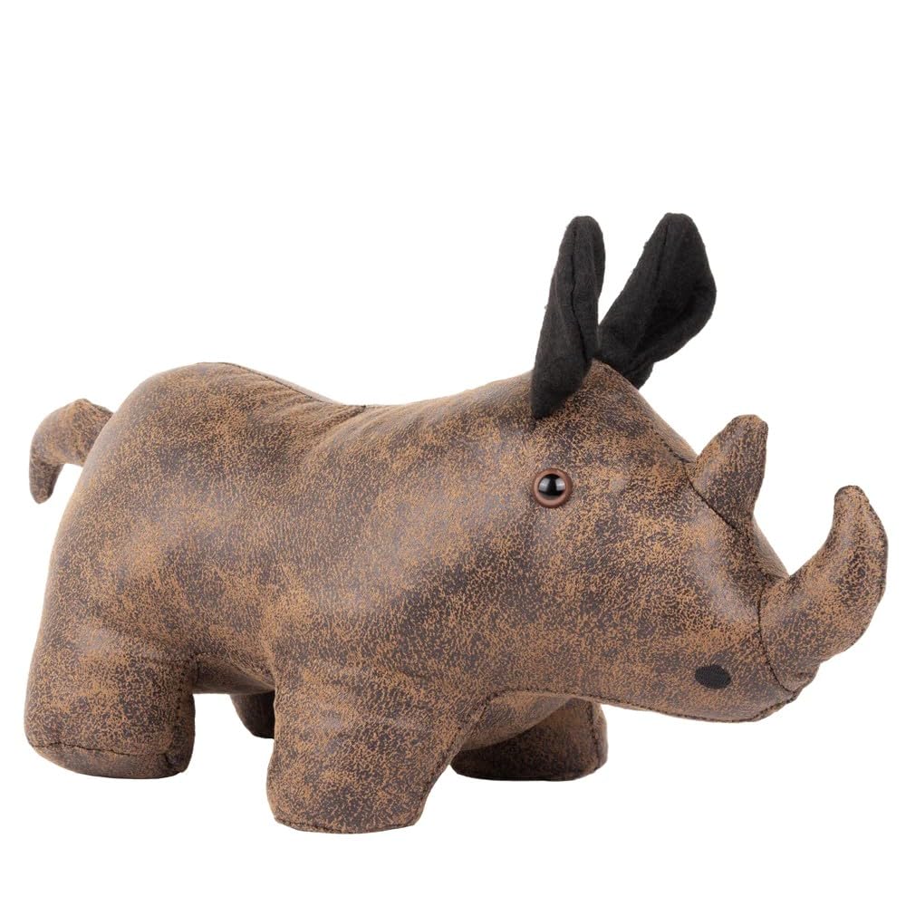 Paoletti Brown Faux Leather Rhino Doorstop – Heavyweight, Sand Filled, Decorative Animal Door Stopper, Pu, 21 X 20 X 30 Cm
