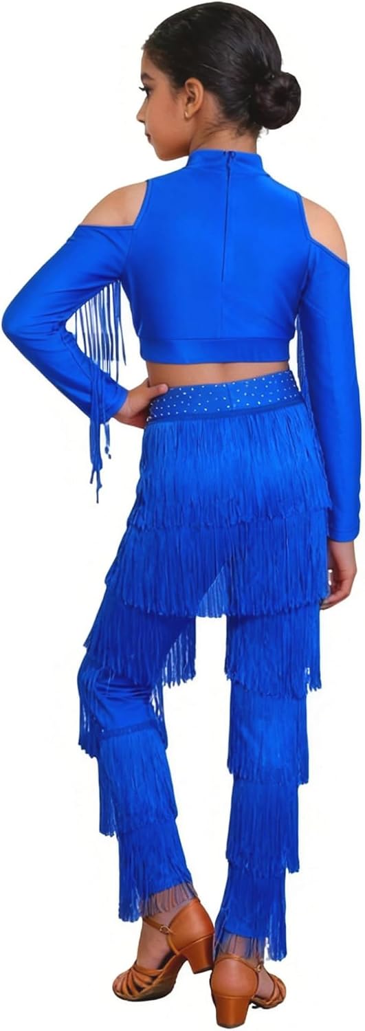 ACSUSS Kids Girls Latin Modern Salsa Ballroom Dance Outfit Rhinestone Tassel Crop Top Layered Fringe Pants Set Royal Blue 10 Years