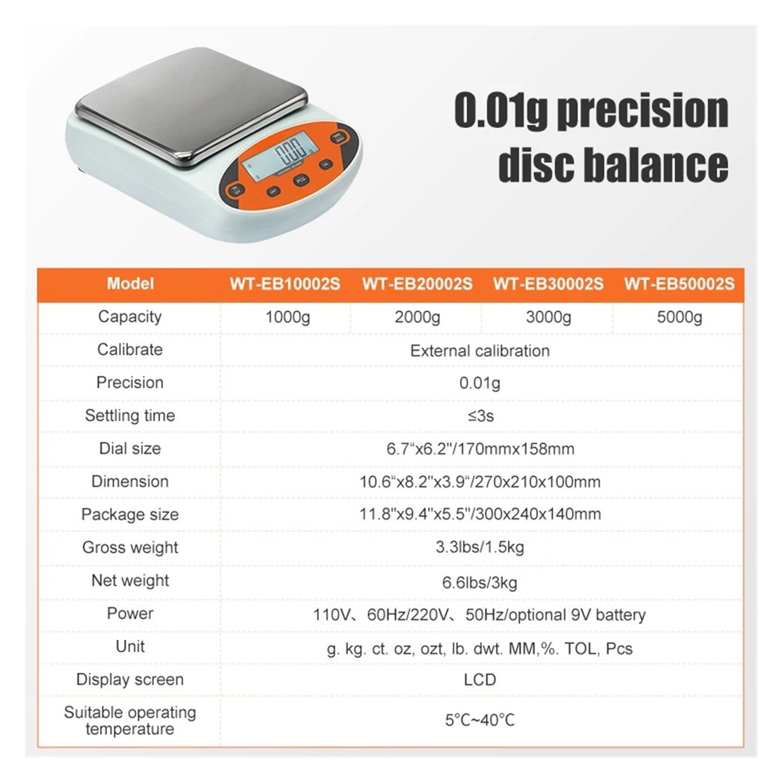Básculas Digitales, Balanza de precisión digital de 0,01 g Balanza electrónica de capacidad de 300 g a 5000 g con pantalla LCD(WT-EB10002S)