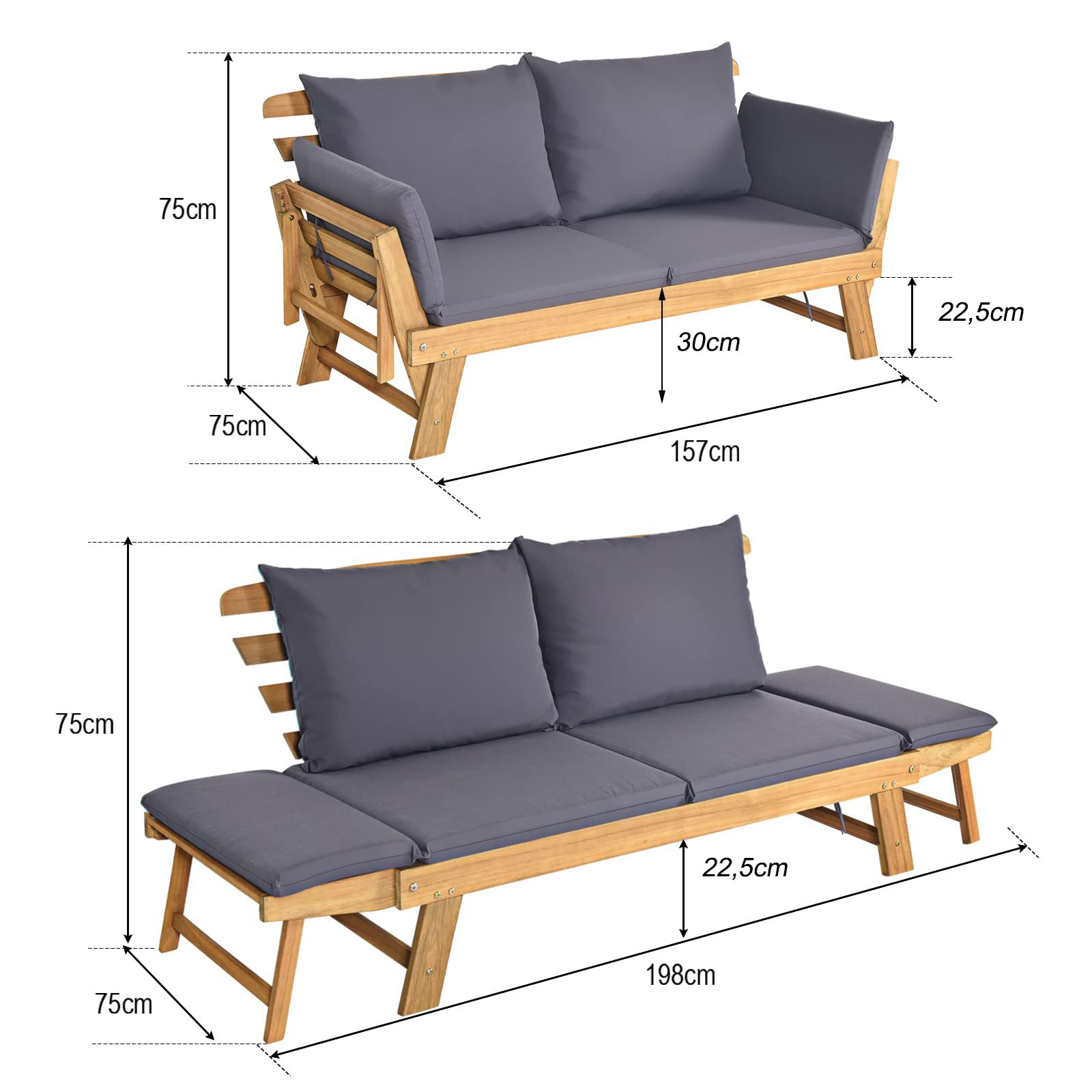 GOPLUS Gartensofa mit Liegefunktion, Gartenbank Holz, 2-3 Sitzer Holzbank mit klappbaren Seitenlehnen, inkl. Auflage, Balkonbank, Sitzbank Outdoor für Garten, Terrasse, Balkon, 157 x 75 x 75cm (Grau)