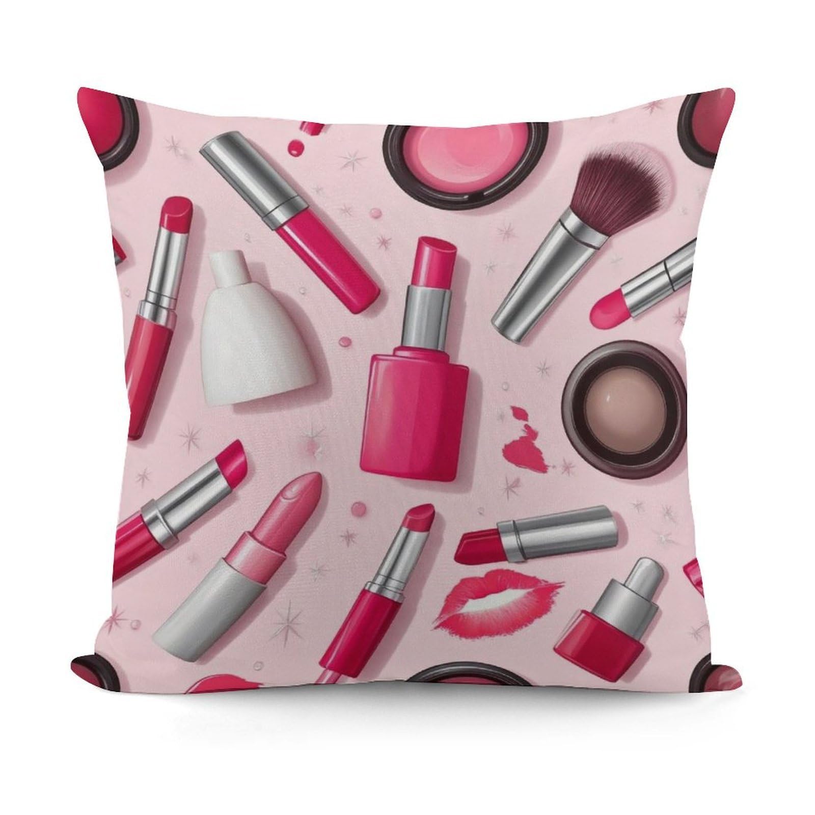 Smazdfxx Picture(474) Unique Pattern Soft Modern Lady Girly Cosmetic Perfume Lipstick Pink Plush Pillow Cover With Zipper For Sofa, Couch, Living Room Decorative