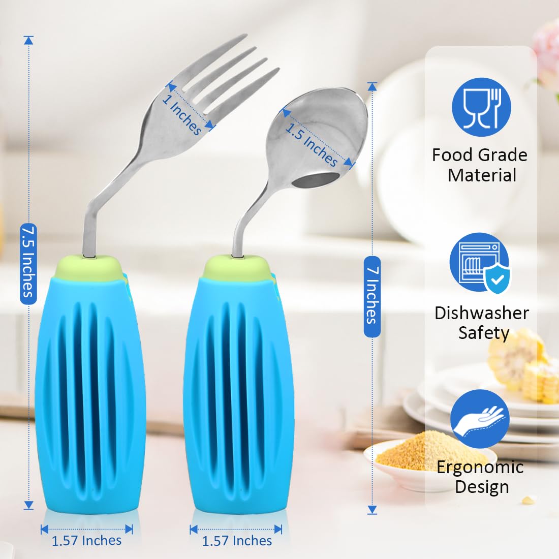 Ensemble de couverts épais, solides, lestés et adaptatifs, cuillères à soupe et fourchette antidérapantes pour tremblements de main, arthrite, parkinson, personnes âgées et adultes (vert et bleu