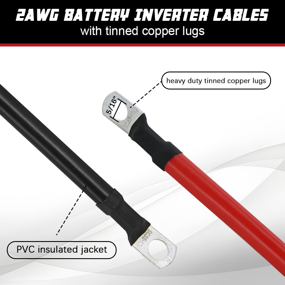 A ABIGAIL Câble de batterie 2 AWG de calibre 2 – Câbles onduleurs de batterie en cuivre pur avec cosses de 0,6 cm aux deux extrémités pour automobile, onduleur solaire, bateau, camping-car, voiture