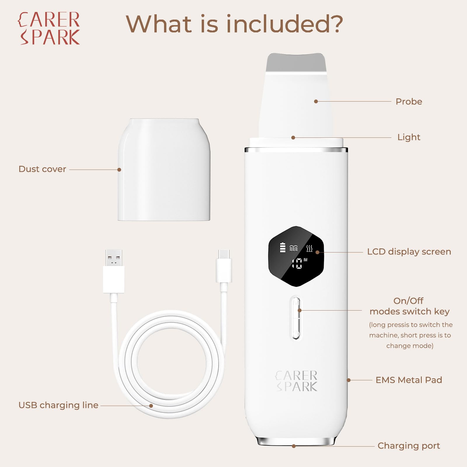 CARER SPARK Pulizia Viso Ultrasuoni,Peeling Ultrasonico Facial Skin Scrubber 4 Modalità Regolabili USB Ricaricabile Schermo LED Pulizia Profonda Rimozione Comedoni Esfoliazione Delicata