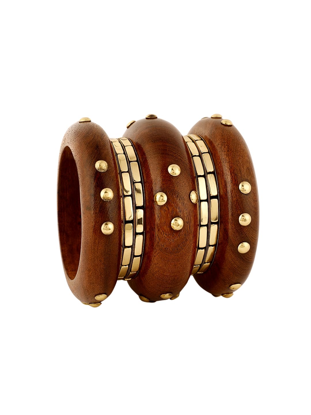 Wooden & Gold-Toned Bangle Set for Women | Handcrafted Brown Wood Bangles with Metal Detailing Boho Ethnic Stackable Bracelets (Set of 7)-image-20