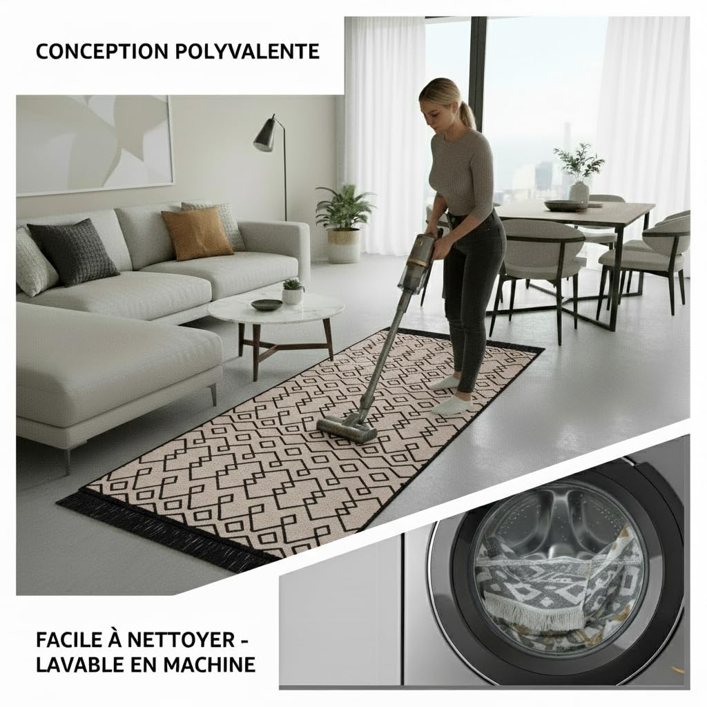 Jimri Tapis de Couloir - Tapis pour Salon, Chambre, Cuisine, Chambre d'enfant, Salle de Bain - Boho Kelim - Noir/Beige, 160 x 230 cm