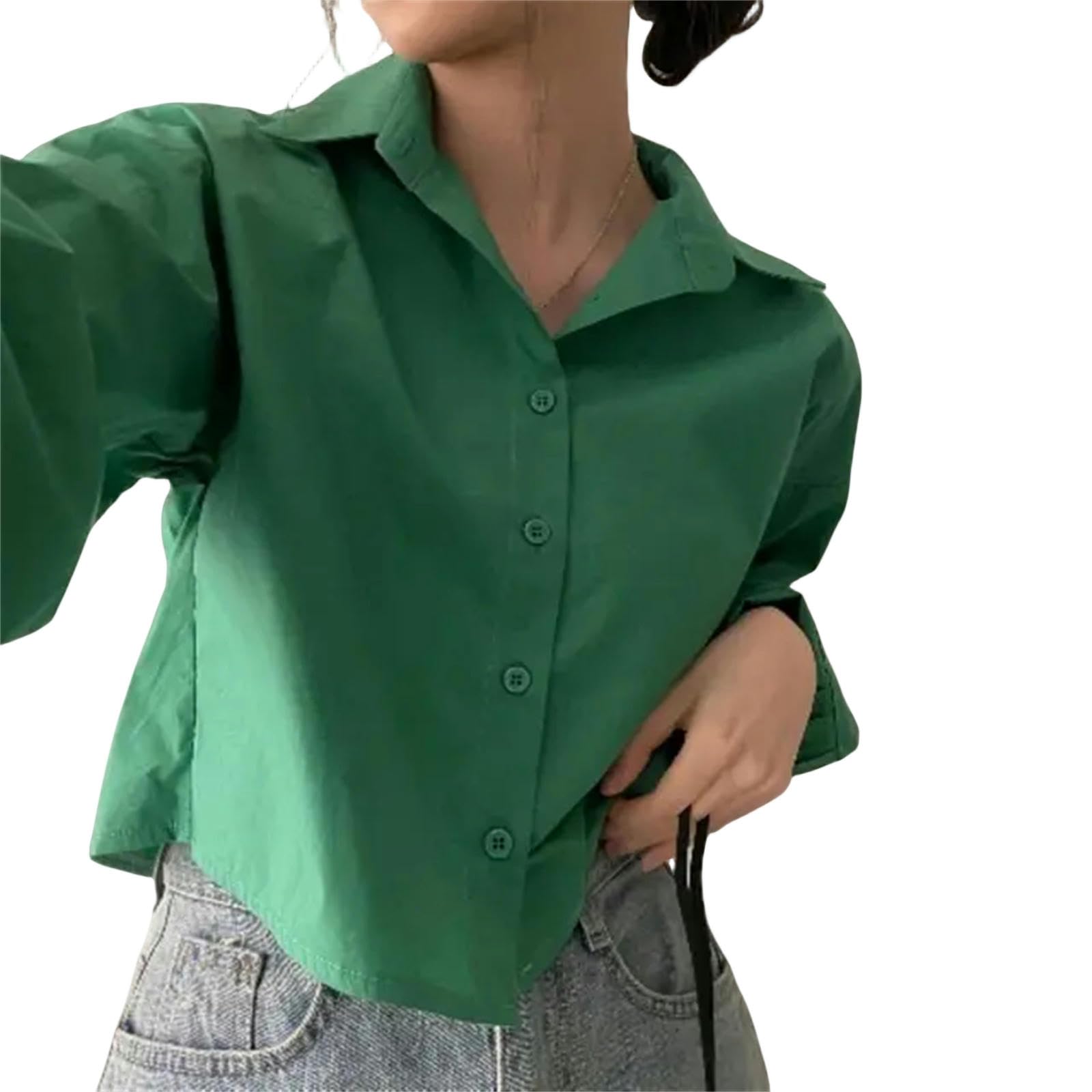 Camicia Donna Elegante Camicie Donna Semplice Baggy Solido all-Match Manica Lunga Chic Crop Tops Elegante Tempo Libero-Verde-XXXL