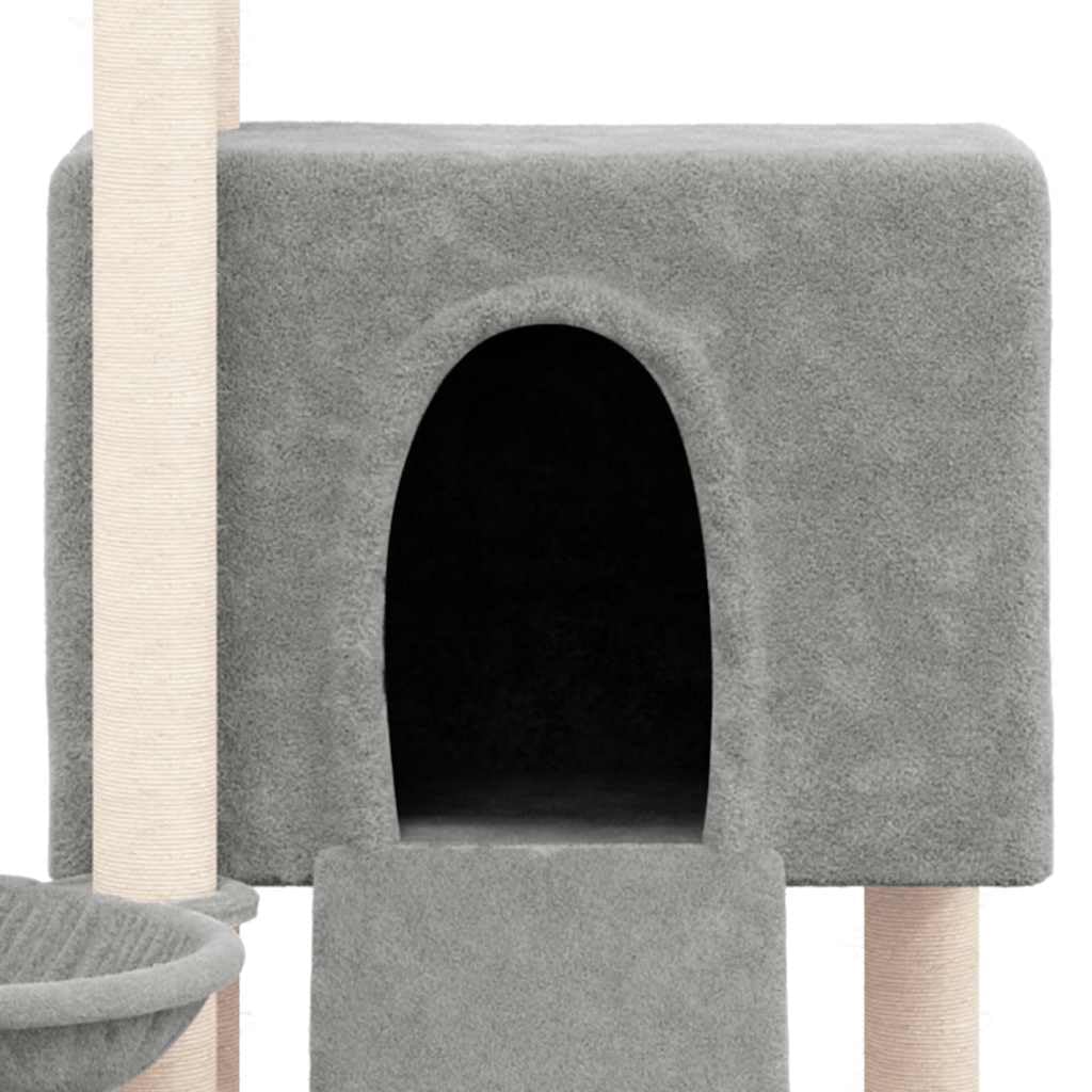 Kratzbaum 96 cm hoch mit Sisal-Kratzsäulen, Hängematte und Höhle, Stabiler Kletterbaum für Katzen, Alles-in-einem Katzenmöbel mit Leiter und Plattform, Hellgrau