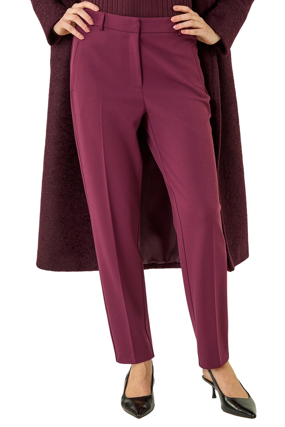 Roman Originals Women's Aubergine Roman Straight Leg Stretch Trousers For Uk Work Office Smart Suit Pants Slacks Cigarette Tailored High Elasticated Waist Ankle Grazer Slim Angela - Size 18