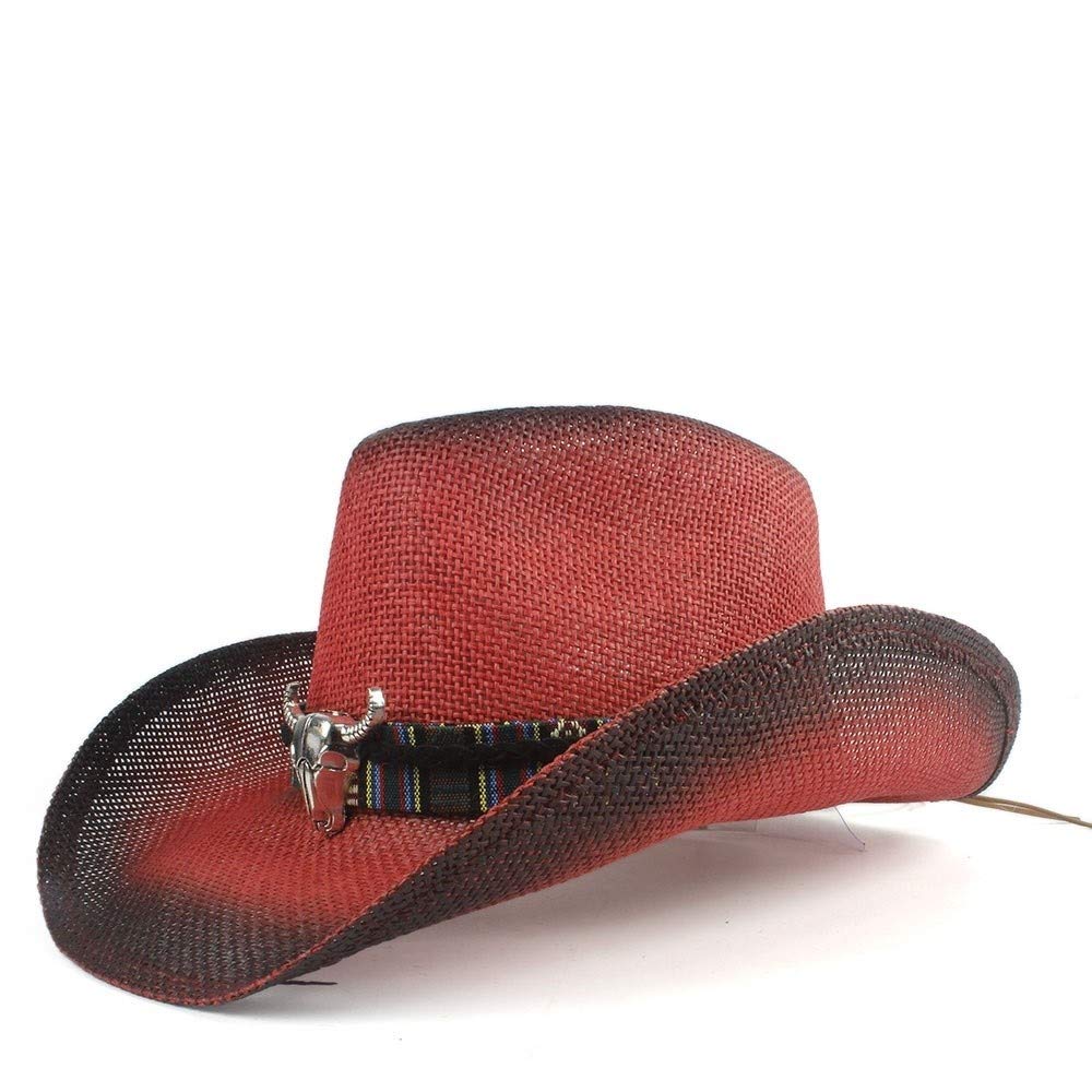 MEINIULadies Men's Hollow Western Cowboy Hat Hand-Woven Straw Ladies Dad Straw Hat Hombre Cowgirl Jazz Hat Bull Headband (Color : Red, Size : 56-58)