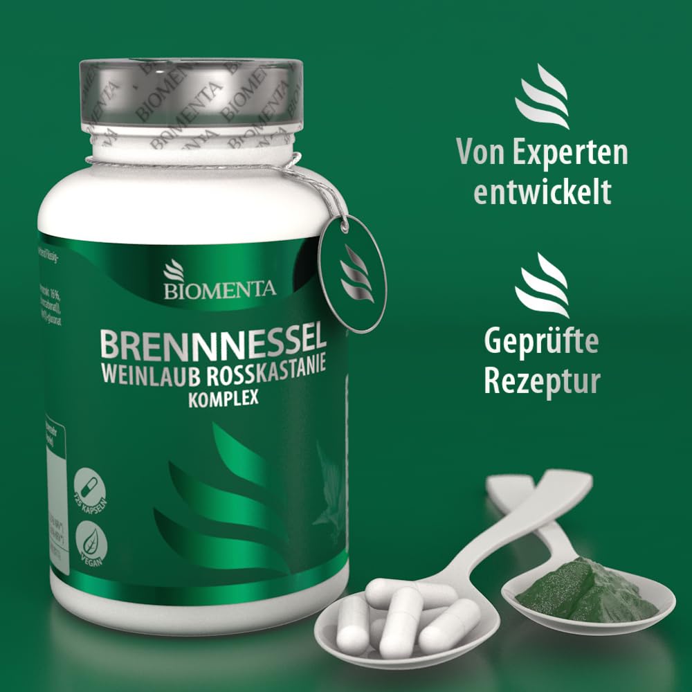 BIOMENTA Brennnessel + Weinlaub + Rosskastanie Komplex hochdosiert - 125 Kapseln synergetisch ergänzt mit Birkenblatt, Kupfer und Mangan - vegan - Premiumqualität