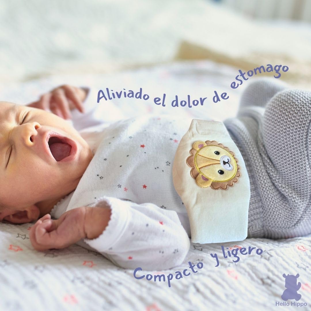 Hello Hippo - Saco de Semillas de Cereza para Bebé - Cinturón Anticólicos con Calor Seco, Microondas o Horno, Hipoalergénico y Lavable (Léon)