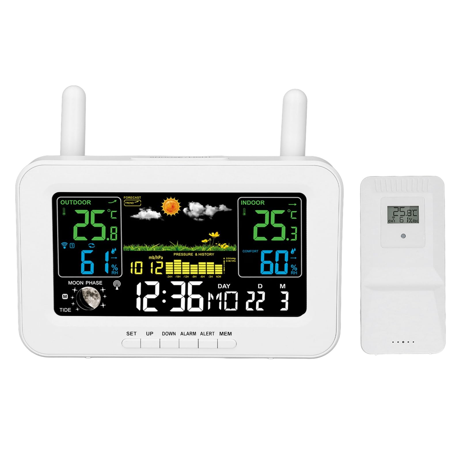 Temperatura y Humedad Interior y Exterior Fáciles de Leer, Alertas Personalizables, Hora, Fecha, Alarma, Repetición de Alarma, Fase Lunar, Presión Barométrica, índice de (Enchufe