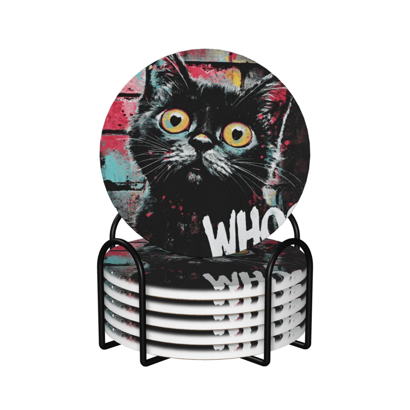 Black Cat Graffiti Ceramic Coasters with Holder 6ps